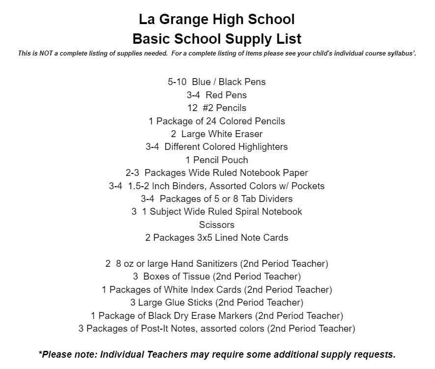 2023-2024 LGHS School Supply List