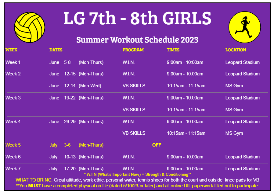 LG 7th - 8th Girls Summer Workout Schedule 2023