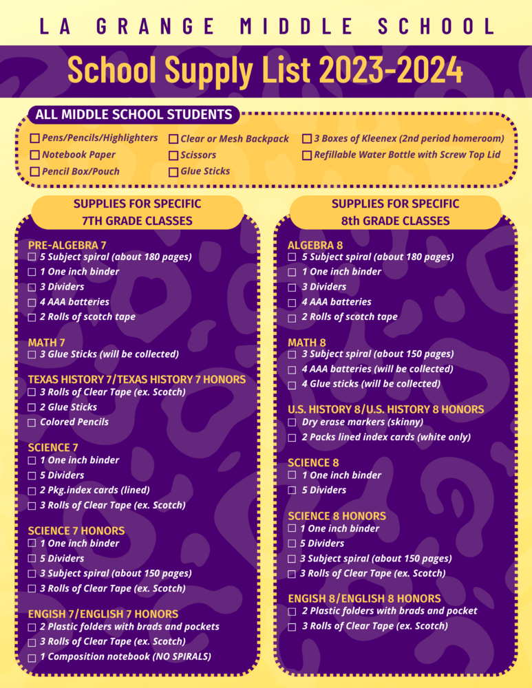 LMS School Supply List La Grange Middle School