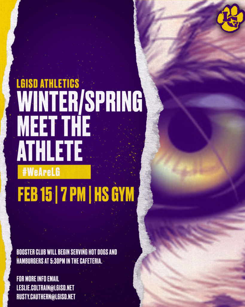 NEW DATE ALERT! Our Winter/Spring Meet the Athlete has been rescheduled for Wednesday, February 15. Booster Club begins serving @ 5:30pm in the cafeteria and athlete introductions will begin in the HS gym at 7pm. 🏀🏊⚽🏌️⚾🥎🎾🏋️🏃🐆#WeAreLG